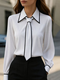 Frieda | Damen Langarm-Bluse mit Krawatten-Detail Kontrastkragen Knopfleiste – Weiß