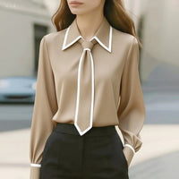 Frieda | Damen Langarm-Bluse mit Krawatten-Detail Kontrastkragen Knopfleiste – Beige