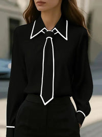 Frieda | Damen Langarm-Bluse mit Krawatten-Detail Kontrastkragen Knopfleiste – Schwarz