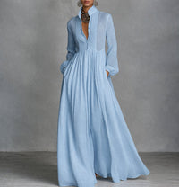 Sophie | Damen Langarm Maxikleid Fließendes Hemdblusenkleid mit Stehkragen – Hellblau