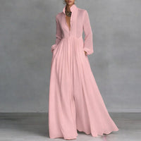Sophie | Damen Langarm Maxikleid Fließendes Hemdblusenkleid mit Stehkragen – Rosa