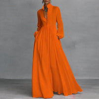 Sophie | Damen Langarm Maxikleid Fließendes Hemdblusenkleid mit Stehkragen – Orange