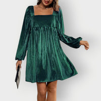 Sophie | Damen Langarm Plissee Samtkleid Eckausschnitt Elegantes Formal Dress – Dunkelgrün
