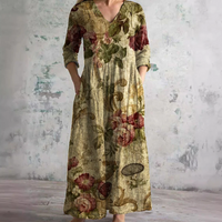 Langärmeliges florales Sommerkleid für Damen | Maxi – Dunkelbeige