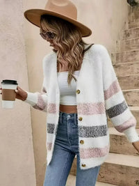 Damen Langarm Strickjacke mit V-Ausschnitt und horizontalen Blockfarben-Streifen – Rosa