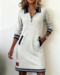 Emilia | Damen Langarmkleid mit Reißverschlusskragen und Seitentaschen – Grau