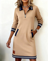 Emilia | Damen Langarmkleid mit Reißverschlusskragen und Seitentaschen – Beige
