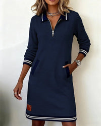 Emilia | Damen Langarmkleid mit Reißverschlusskragen und Seitentaschen – Marine
