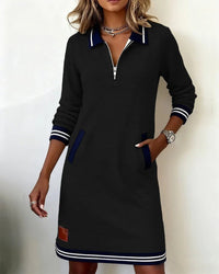 Emilia | Damen Langarmkleid mit Reißverschlusskragen und Seitentaschen – Schwarz