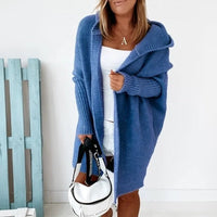 Damen lange Strickjacke mit Kapuze offener Front und strukturierten Bündchen – Blau