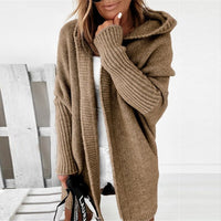 Damen lange Strickjacke mit Kapuze offener Front und strukturierten Bündchen – Khaki