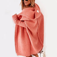 Damen lange Strickjacke mit Kapuze offener Front und strukturierten Bündchen – Orange