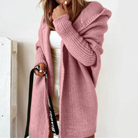 Damen lange Strickjacke mit Kapuze offener Front und strukturierten Bündchen – Rosa
