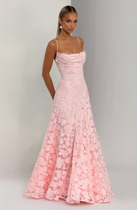 Damen Maxikleid mit Wasserfallausschnitt Spaghettiträgern Blumenmuster und Schnürung am Rücken – Rosa