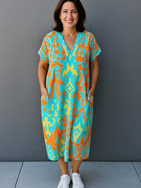 Damen lebendiges luftiges Sommerkleid | Midi – Blau/Gelb