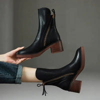 Charlotte | Damen Leder Ankle Boots mit Blockabsatz und Reißverschluss – Schwarz