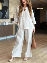 Hannah | Damen Leinen-Tunika Palazzo-Hosen Set Lässiges Zweiteiler-Outfit – Weiß