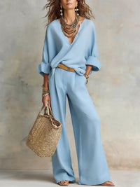 Leonie | Damen Leinenoptik Zweiteiler Relaxed-Fit Wide Leg Pants Set V-Ausschnitt – Blau