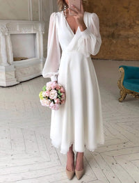 Greta | Damen Long Sleeve Dress elegantes Midi-Hochzeitskleid V-Ausschnitt Puffärmel – Weiß