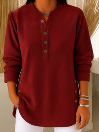 Sophie | Damen Longline Gerippte Henley-Tunika Seitenknopf-Detail – Bordeaux