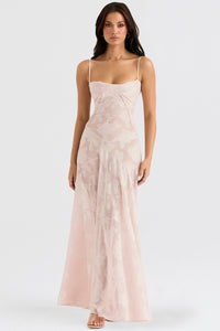 Damen Maxikleid mit Eingewebten Motiven Spaghettiträgern Herzausschnitt und Sichtbaren Nähten – Rosa