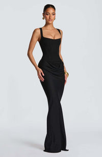 Damen Maxikleid mit Korsettoberteil und Breiten Schulterträgern – Schwarz