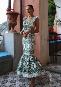 Damen Maxikleid mit Ornamentmuster V-Ausschnitt Rüschenträgern und offenem Rücken – Grün mit Muster