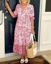 Damen Maxikleid mit V-Ausschnitt Knopfleiste und Blumenmuster – Rosa