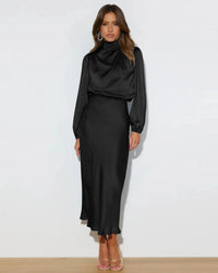 Damen Midi-Kleid mit Rollkragen und Ballonärmeln mit elastischem Bund – Schwarz