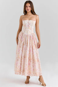 Damen Midi-Kleid mit Spaghettiträgern und Korsett-Nähten am Oberteil – Rosa mit großen Blumen
