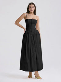 Damen Midi-Kleid mit Spaghettiträgern und Korsett-Nähten am Oberteil – Schwarz