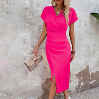 Damen Midi-Kleid mit V-Ausschnitt und Kurzärmeln mit Vorderschlitz – Rosa