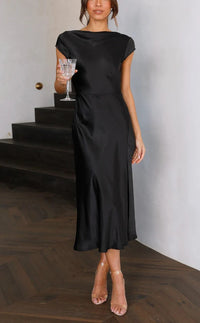 Damen Midi-Kleid mit Wasserfallausschnitt und Kappenärmeln mit seitlichem Schlitz – Schwarz