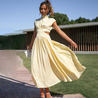 Damen Midikleid mit gerafftem Oberteil Kappenärmeln und seitlichen Taillenausschnitten – Gelb