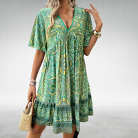 Damen Minikleid mit V-Ausschnitt und Kontrastkante mit Kurzen Ausgestellten Ärmeln im Paisley-Muster – Grün