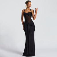 Damen Neckholder Maxikleid mit halbtransparentem Einsatz und Knotenpartie – Schwarz