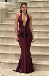 Damen Neckholder Maxikleid mit tiefem V-Ausschnitt und durchgehender Raffung – Bordeaux
