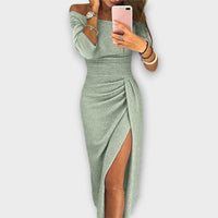 Nora | Damen Off-Shoulder Cocktail Party Dress figurbetontes Midi-Kleid mit Schlitz – Minze