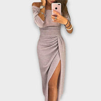 Nora | Damen Off-Shoulder Cocktail Party Dress figurbetontes Midi-Kleid mit Schlitz – Helllila