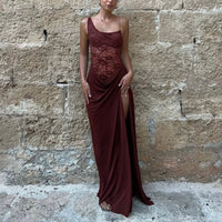 Damen Off-Shoulder Maxikleid mit strukturiertem halbtransparentem Oberteil und gerafftem Rockteil – Bordeaux