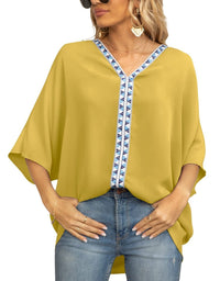 Luisa | Damen Oversized Tunika V-Ausschnitt Geometrisches Stickerei-Oberteil – Blume