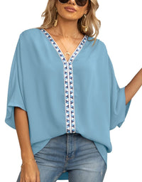 Luisa | Damen Oversized Tunika V-Ausschnitt Geometrisches Stickerei-Oberteil – Dunkelblau