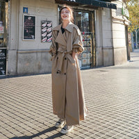 Emilia | Damen Oversized Zweireiher Maxi Trench Coat mit Bindegürtel – Khaki