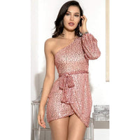 Emilia | Damen Pailletten Cocktailkleid Einschultrig Asymmetrisch Tailliert – Rosa