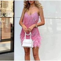 Johanna | Damen Pailletten-Fransen Cocktailkleid mit Federbesatz Mini – Rosa