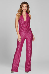 Elisabeth | Damen Pailletten-Jumpsuit Neckholder Weite Beine Cowl-Ausschnitt – Fuchsiarosa