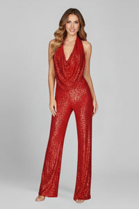 Elisabeth | Damen Pailletten-Jumpsuit Neckholder Weite Beine Cowl-Ausschnitt – Rot