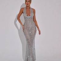 Damen Pailletten Maxikleid mit Halterneck Träger und Tiefem Cowl Ausschnitt – Silber