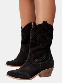 Clara | Damen Perforierte Stiefel Blockabsatz Wildlederoptik – Schwarz