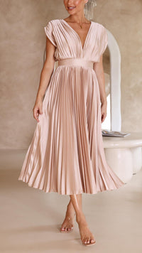 Damen Plissiertes Midikleid mit Tiefem V-Ausschnitt und Taillenband – Champagnerfarben